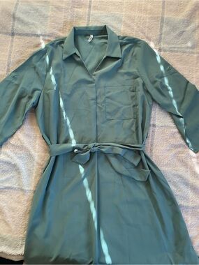 HALARA Teal Green Midi Shirt Dress with Tie Waist
